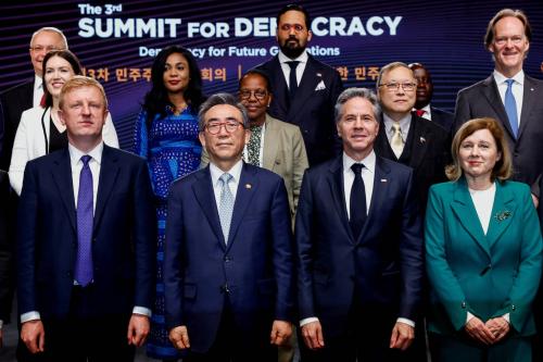 U.S. Secretary of State Antony Blinken, South Korean Foreign Minister Cho Tae-yul, Britain's Deputy Prime Minister Oliver Dowden and other leaders pose for a family photo at the third Summit for Democracy, in Seoul, South Korea, March 18, 2024.
