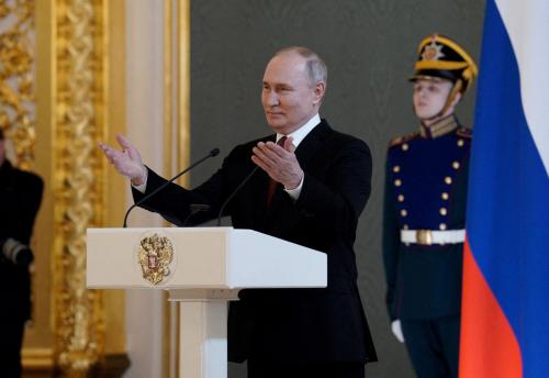 Russian President Vladimir Putin meets with his election agents at the Kremlin in Moscow, Russia on March 20, 2024. Vladimir Putin won over 87 percent of the vote in a three-day ballot past weekend that included voting in parts of Ukraine held by Russian forces.