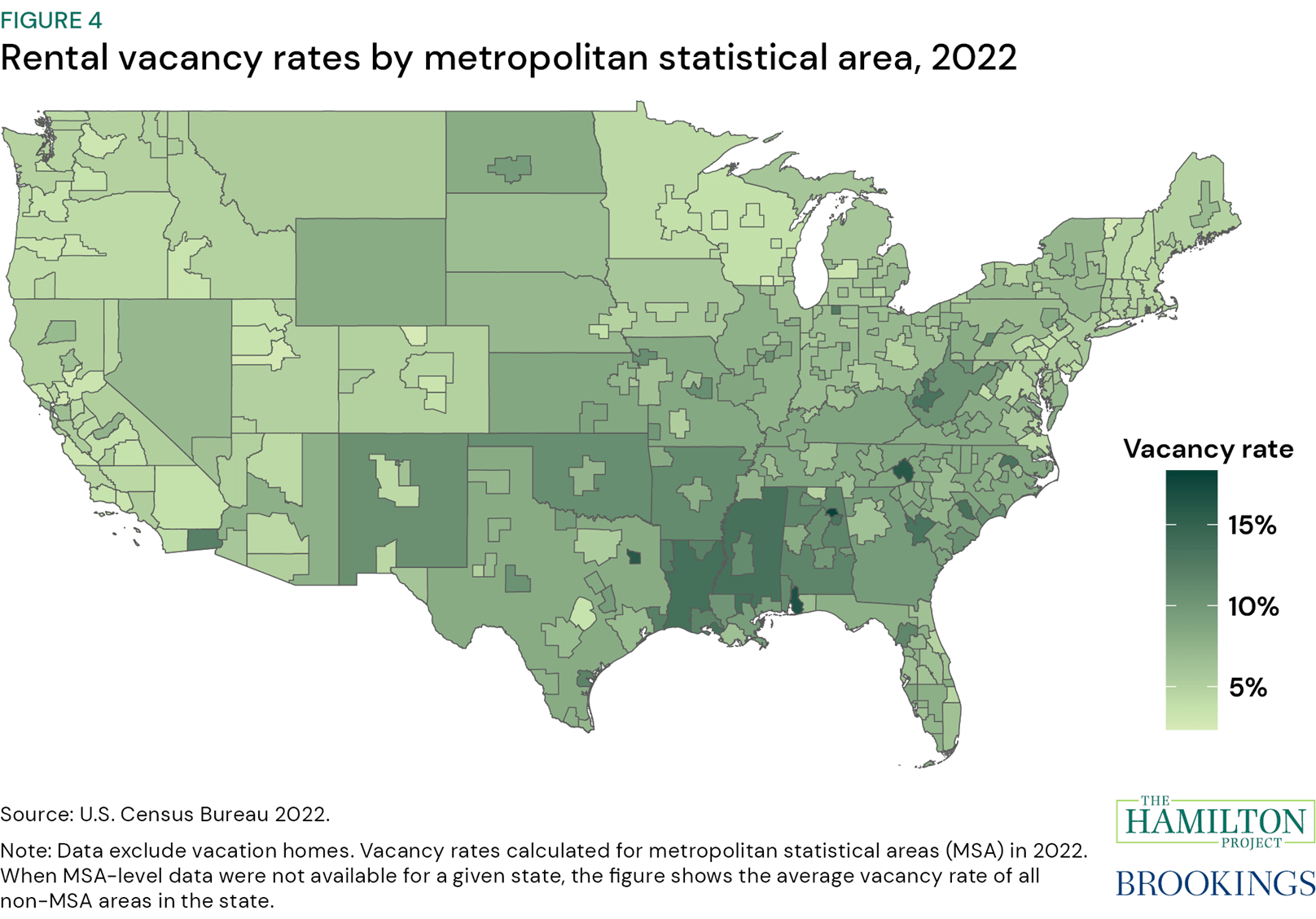 Figure 4: Rental vacancy rates by metropolitan statistical area, 2022. Note: Vacancy rates calculated for metropolitan statistical areas (MSA) in 2022. When MSA-level data were not available for a given state, the figure shows the average vacancy rate of all non-MSA areas in the state.