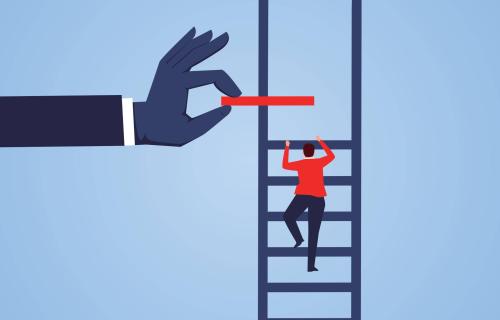 A man climbs a ladder while the hand of person dressed in a business suit adds or removes the next rung on the ladder.
