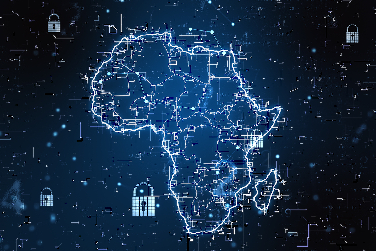 Cybersecurity concept with digital Africa map with locks and glowing lines on abstract dark background. 3D rendering.