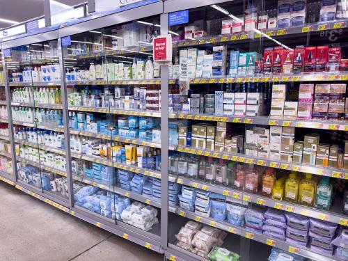 Los Angeles, California, United States - 09-30-2023: A view of women's cosmetic products, secured behind safety cabinets, seen at a local retail store.