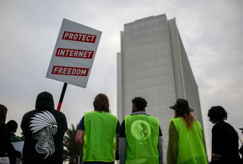 Supporters of Net Neutrality protest the FCC's then-recent decision to repeal the program in Los Angeles, California, November 28, 2017. In October 2024, the FCC approved a proposal to restore net neutrality rules.