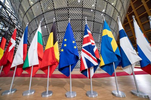 Flags of the European Union EU and the United Kingdom UK / Great Britain among all the other European flags in Forum Europa Building in Brussels, Belgium, during the European Council summit - special meeting of EU Leaders about Article 50 and the departure of United Kingdom from EU, Brexit on October 2019.