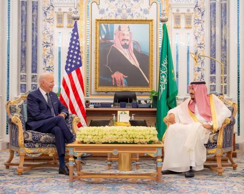 Saudi King Salman bin Abdulaziz receives U.S. President Joe Biden at Al Salman Palace upon his arrival in Jeddah, Saudi Arabia, July 15, 2022.