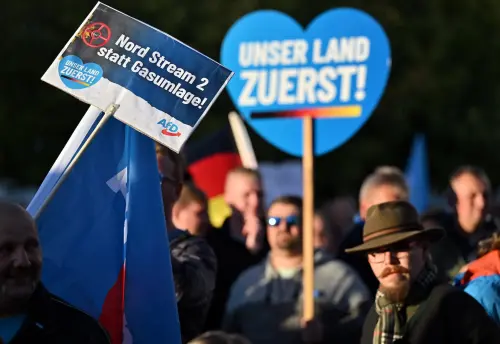 "Nord Stream 2 instead of gas levy!" is written on the poster carried by a participant at a rally of the Thuringian AfD under the slogan, "First our country! Life must be affordable." The next day, Thuringia's state parliament discusses possible state aid worth millions for citizens and the economy in the energy crisis. September 21, 2022