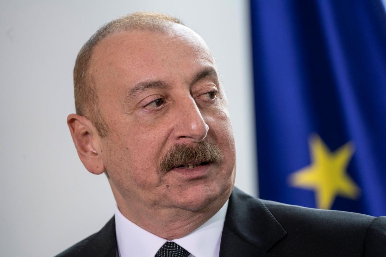 Azerbaijan's president, Ilham Aliyev, attends a joint press conference in Berlin, Germany, March 13, 2023.