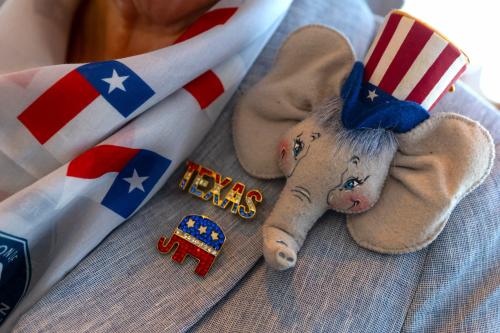 Virginia Miller of Texas wears an elephant pin as she attends the National Federation of Republican Women's 42nd Biennial Convention at the Omni Hotel and Oklahoma City Convention Center, Saturday, Sept. 30, 2023.