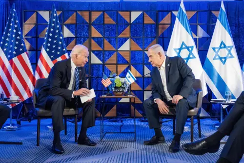 U.S. President Joe Biden meets Israeli Prime Minister Benjamin Netanyahu as he arrives in Tel Aviv, Israel, on Wednesday, Oct 18, 2023 to express his solidarity and discuss war plans with its leaders. EYEPRESS via Reuters Connect