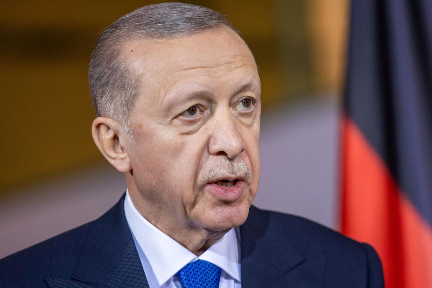 The president of the Republic of Turkey, Recep Tayyip Erdoğan, speaks at a press conference in Berlin on November 17, 2023.