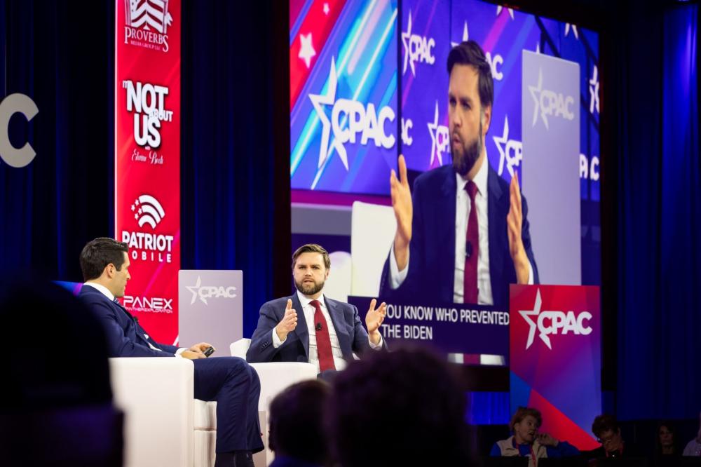 Senator J.D. Vance (R-OH) is interviewed by Rob Schmitt during the annual Conservative Political Action Conference (CPAC) in National Harbor, MD, February 23, 2024.
