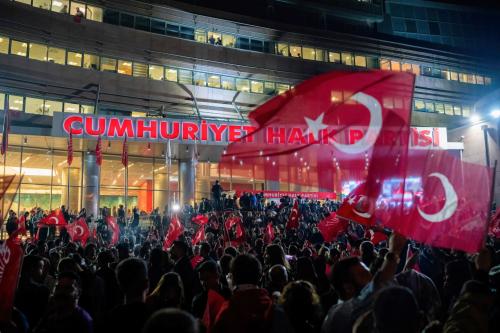 People celebrate election victory in front of the Republican People's Party's (CHP) headquarters. Tunahan Turhan / SOPA Images via Reuters Connect