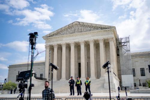 Members of the media set up outside the U.S. Supreme Court as the justices hear arguments on former President Trump’s claim of presidential immunity over criminal charges over his efforts to overturn the 2020 presidential election results in Washington, U.S., April 25, 2024.