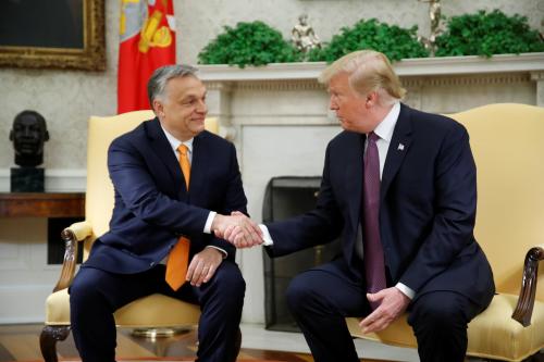 Former U.S. President Donald Trump greets Hungary's Prime Minister Viktor Orban in the Oval Office at the White House in Washington, U.S., May 13, 2019.