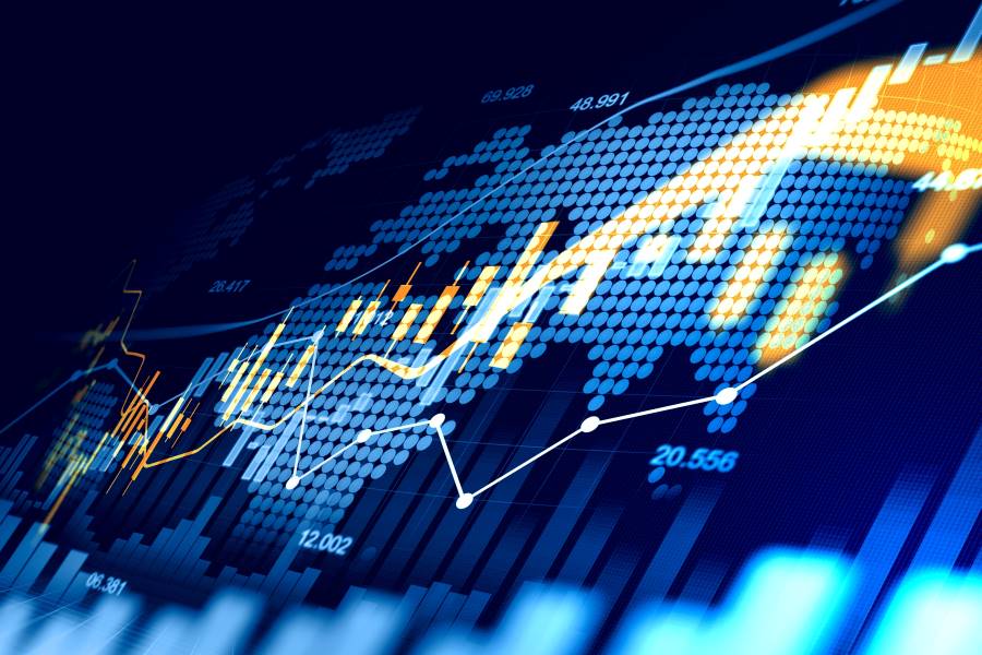 Financial charts overlaying a stylized world map