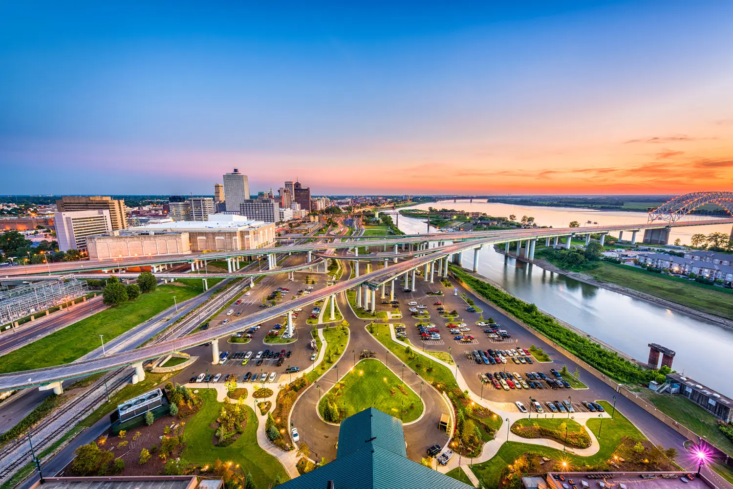 Memphis, Tennessee, USA aerial skyline view with downtown and Mud Island.