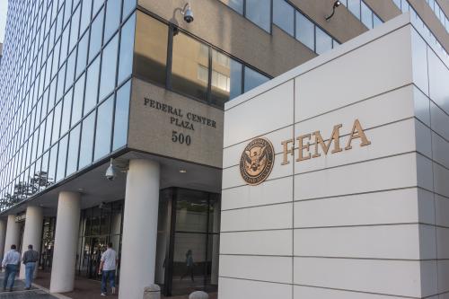 WASHINGTON, DC - OCT. 20, 2017: FEMA sign, Headquarters Building. Federal Emergency Management Agency sign with Department of Homeland Security logo, which FEMA has been a part of since 2003