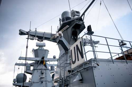 The German Navy corvette "Oldenburg" in the port of Beirut, which is a contribution to the UN mission Unifil.