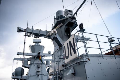 The German Navy corvette "Oldenburg" in the port of Beirut, which is a contribution to the UN mission Unifil.