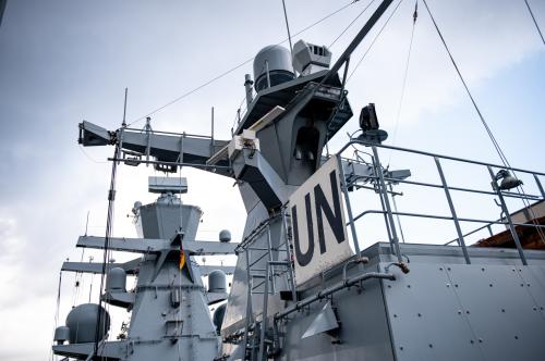 The German Navy corvette "Oldenburg" in the port of Beirut, which is a contribution to the UN mission Unifil.