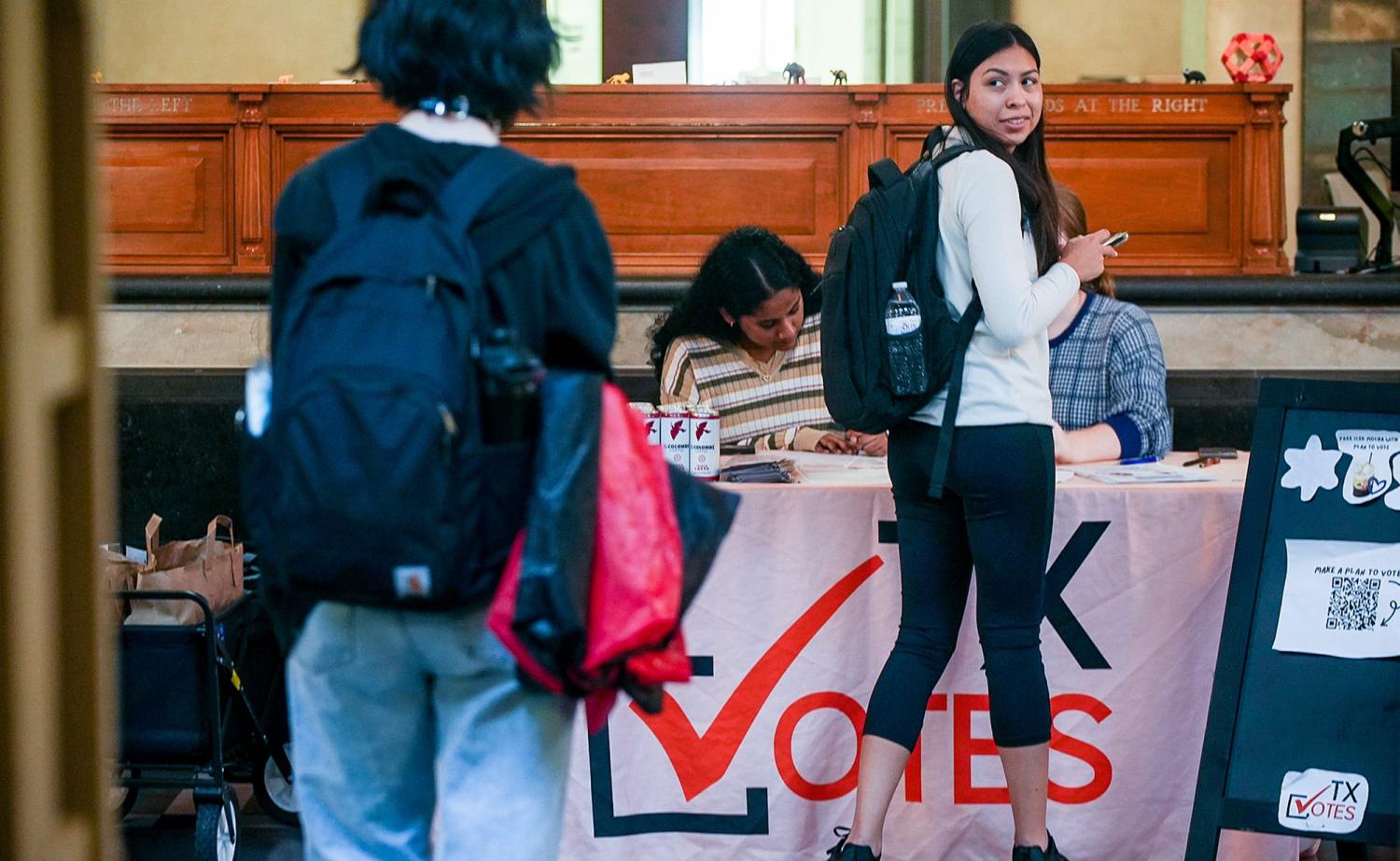 Nina Sifuentes, a Biology major senior from East Texas, stands in line to register to vote at the University of Texas with the TX Vote student organization on Tuesday, January 23, 2024. The TX Vote student organization assists other students in registering to vote. In order to register other students, the organization has been certified as a registrar. Student organizations play a crucial role in promoting voter registration among their peers. By becoming certified registrars, organizations like TX Votes empower students to take an active role in the democratic process and ensure that their voices are heard. Through initiatives like these, student organizations contribute to a more engaged and politically active student body.