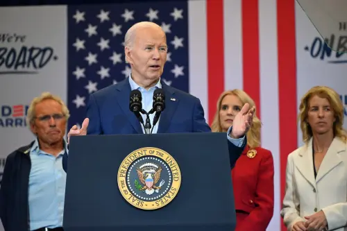 President of the United States Joe Biden is speaking at a campaign rally while the Kennedy family announces their endorsement of Joe Biden and Kamala Harris in Philadelphia, Pennsylvania, United States, on April 18, 2024. Kerry Kennedy is saying, ''The best way forward for America is to reelect Joe Biden and Kamala Harris to four more years,'' as the audience erupts into chants of 'four more years.' President Biden is stating that it is 'an incredible honor to have the support of the Kennedy family.'