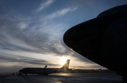 KC-135 Stratotankers stand in the morning fog at Spangdahlem US Airbase. The Stratotanker can be used to refuel NATO fighter jets in the air.