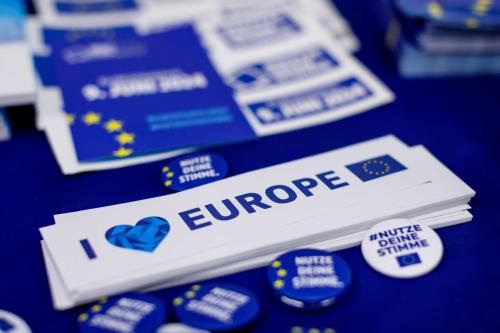 The European elections, the elections to the European Parliament, will take place on June 9, 2024. Information material and merchandise for the European elections lent on a table on the sidelines of an event.