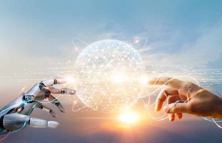 Illustrative depiction of Machine and human touching hands, interface