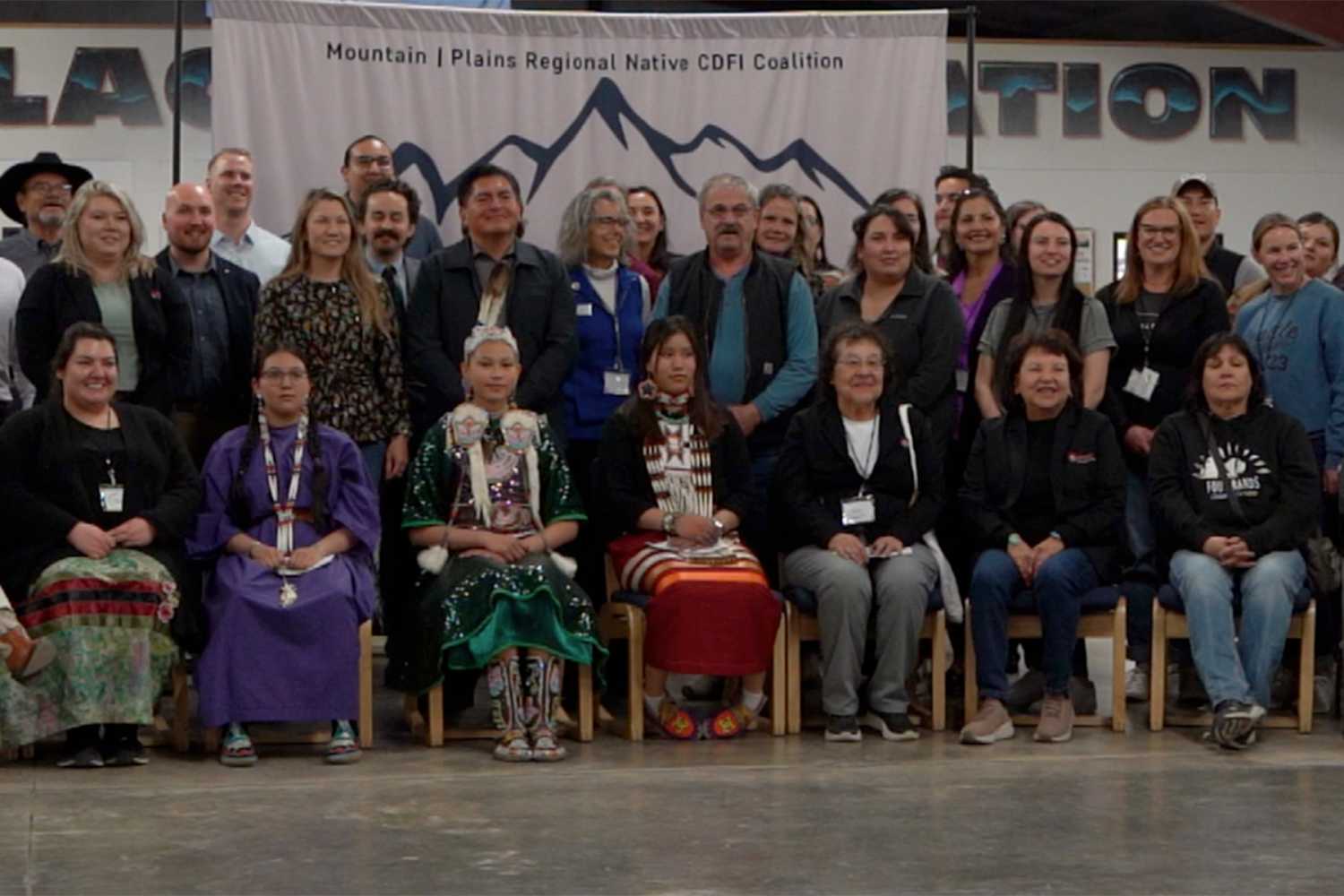 Attendees of the Mountain | Plains Indigenous Finance Gathering. Attendees include Blackfeet Nation community members, Mountain | Plains Regional Native CDFI Coalition and partners investing into the Indigenous Finance Industry.