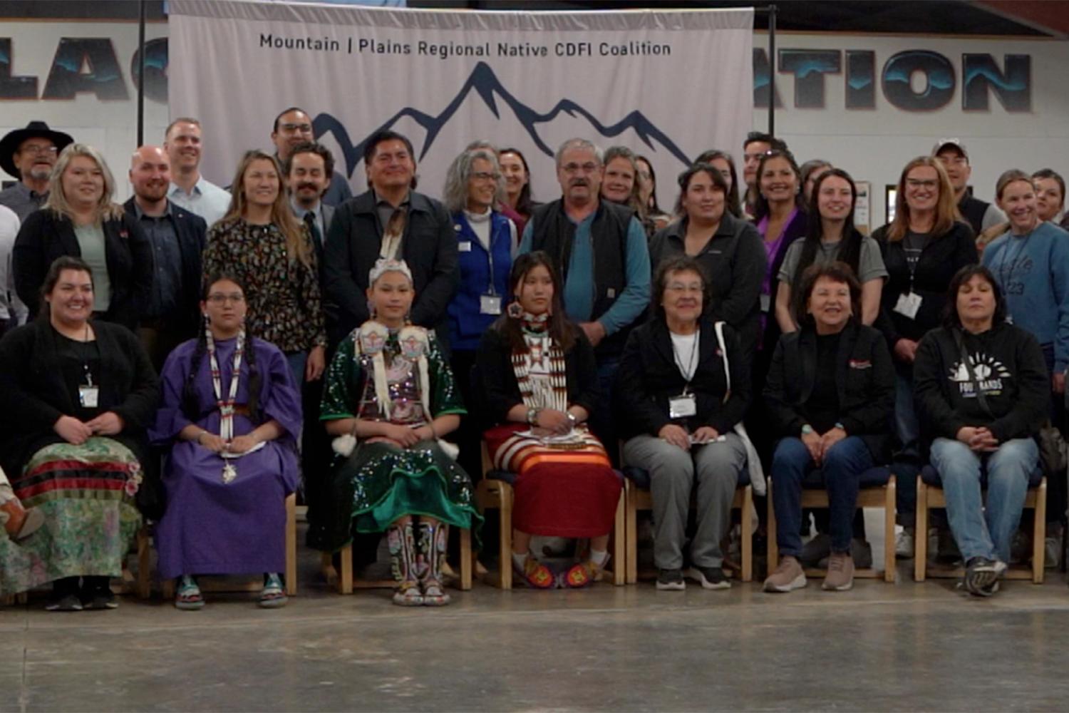 Attendees of the Mountain | Plains Indigenous Finance Gathering. Attendees include Blackfeet Nation community members, Mountain | Plains Regional Native CDFI Coalition and partners investing into the Indigenous Finance Industry.