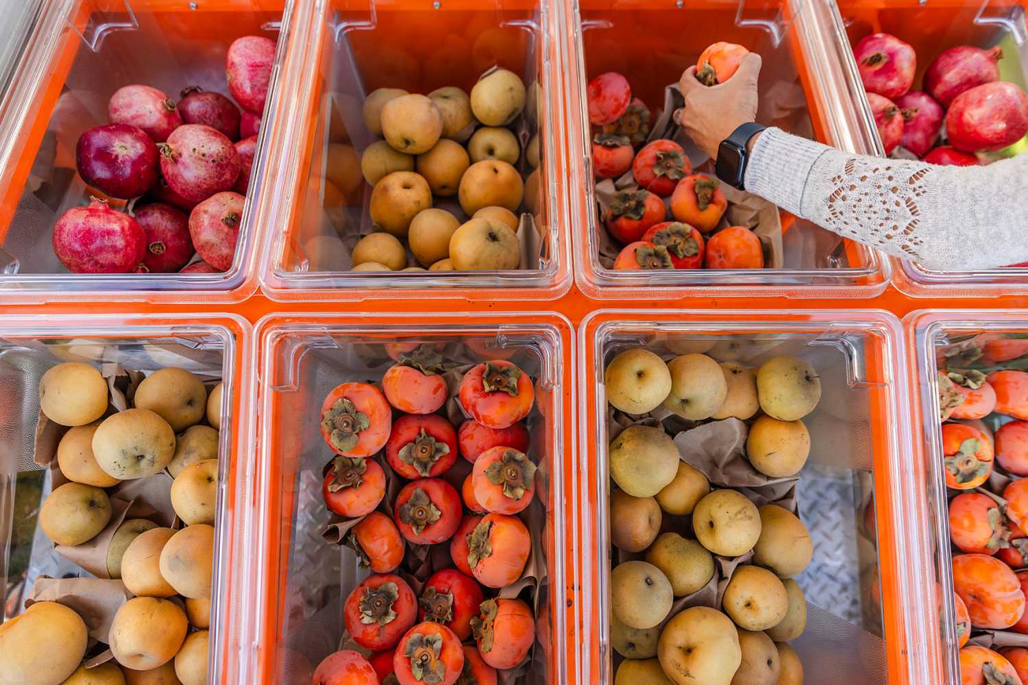 bins filled with pomegranates, pears, tomatoes, and other produce