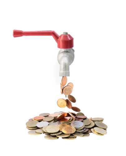 Money coins fall out of the tap, fconcept