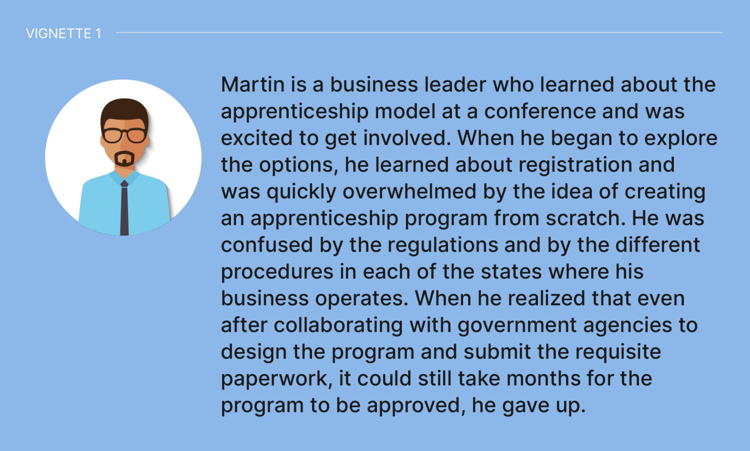 Vignette 1: Martin is a business leader who learned about the apprenticeship model at a conference and was excited to get involved. When he began to explore the options, he learned about registration and was quickly overwhelmed by the idea of creating an apprenticeship program from scratch. He was confused by the regulations and by the different procedures in each of the states where his business operates. When he realized that even after collaborating with government agencies to design the program and submit the requisite paperwork, it could still take months for the program to be approved, he gave up.