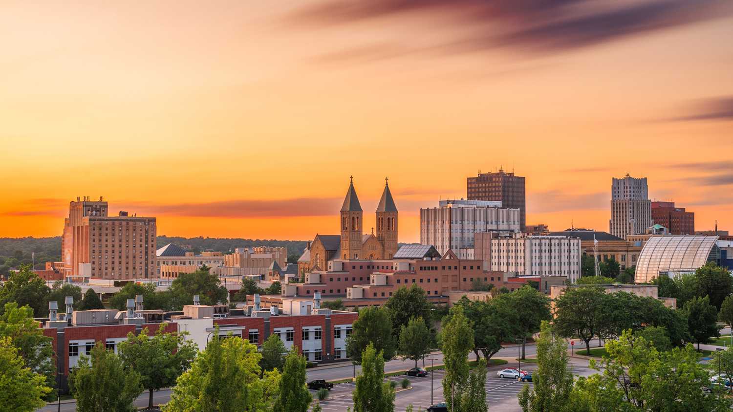 Akron, Ohio, USA downtown skyline at dusk.