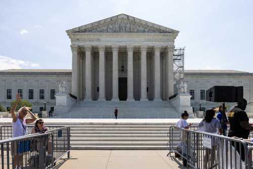 Demonstrators gather outside the U.S. Supreme Court as justices issue rulings in the cases of Fischer v. United States, Loper Bright Enterprises v. Raimondo, and City of Grants Pass v. Johnson, in Washington, U.S., June 28, 2024.