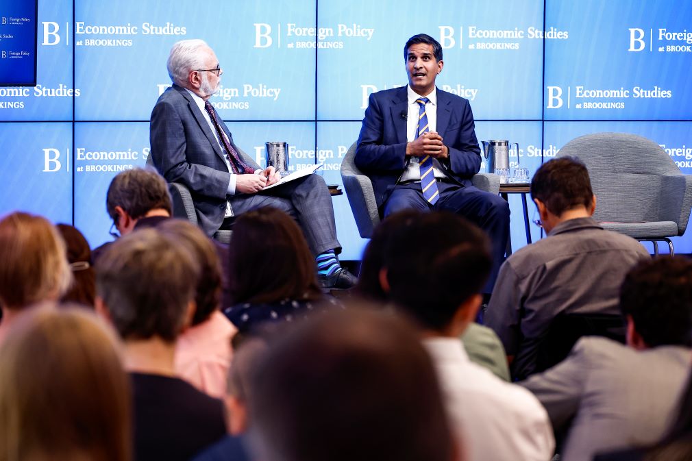 National Security Advisor for International Economics Daleep Singh taking questions in Q&A with Hutchins Center on Fiscal and Monetary Policy Director David Wessel. / The Brookings Institution