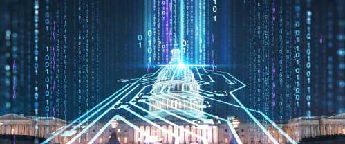 Front view, Capitol dome building at night, Washington DC, USA. Illuminated Home of Congress and Capitol Hill. Artificial Intelligence concept, hologram. AI, machine learning, neural network, robotics