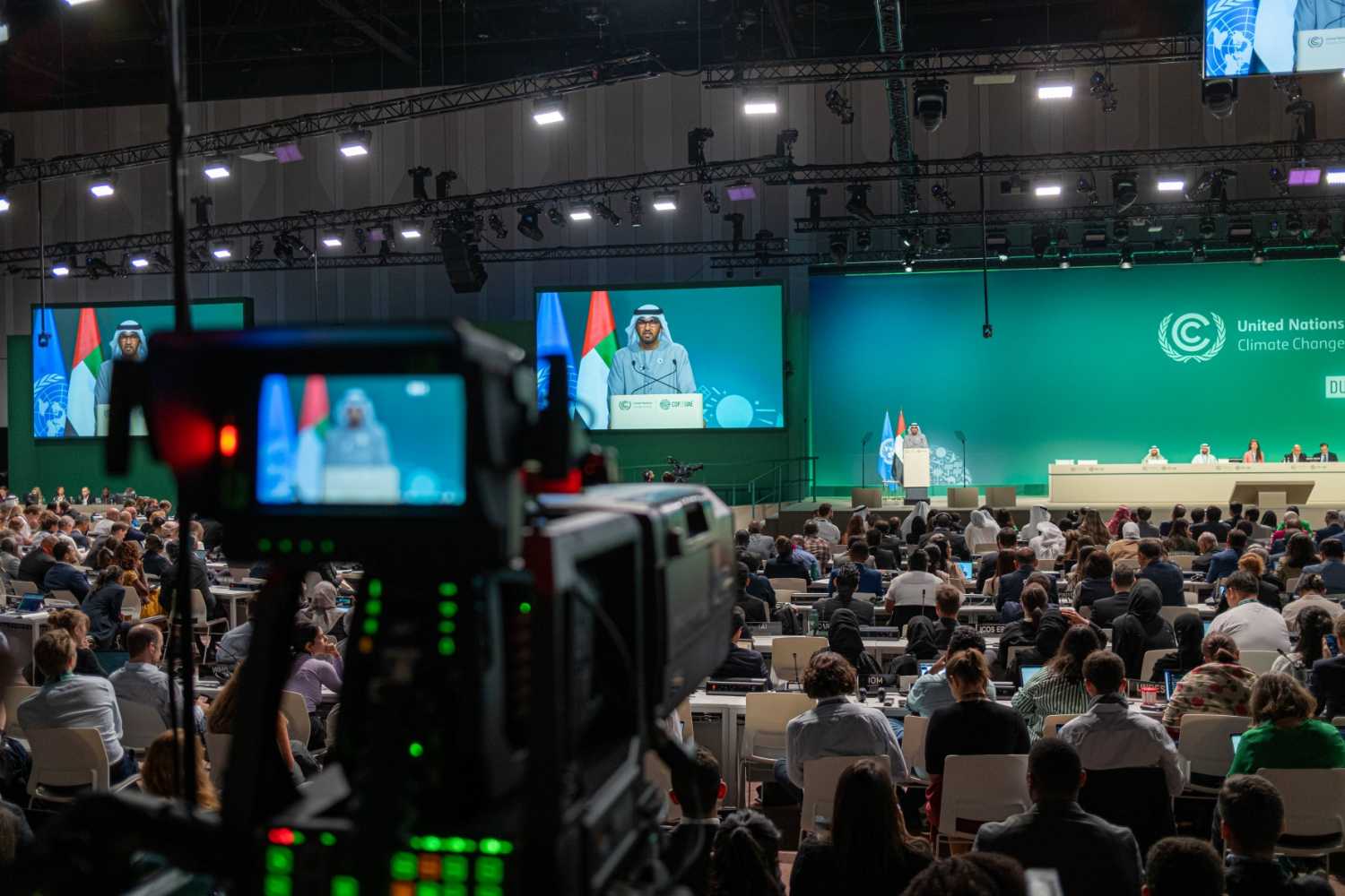 COP President Sultan Ahmed al-Jaber makes an announcement in the plenary chamber of the U.N. Climate Change Conference, 13 Dec., 2023.
