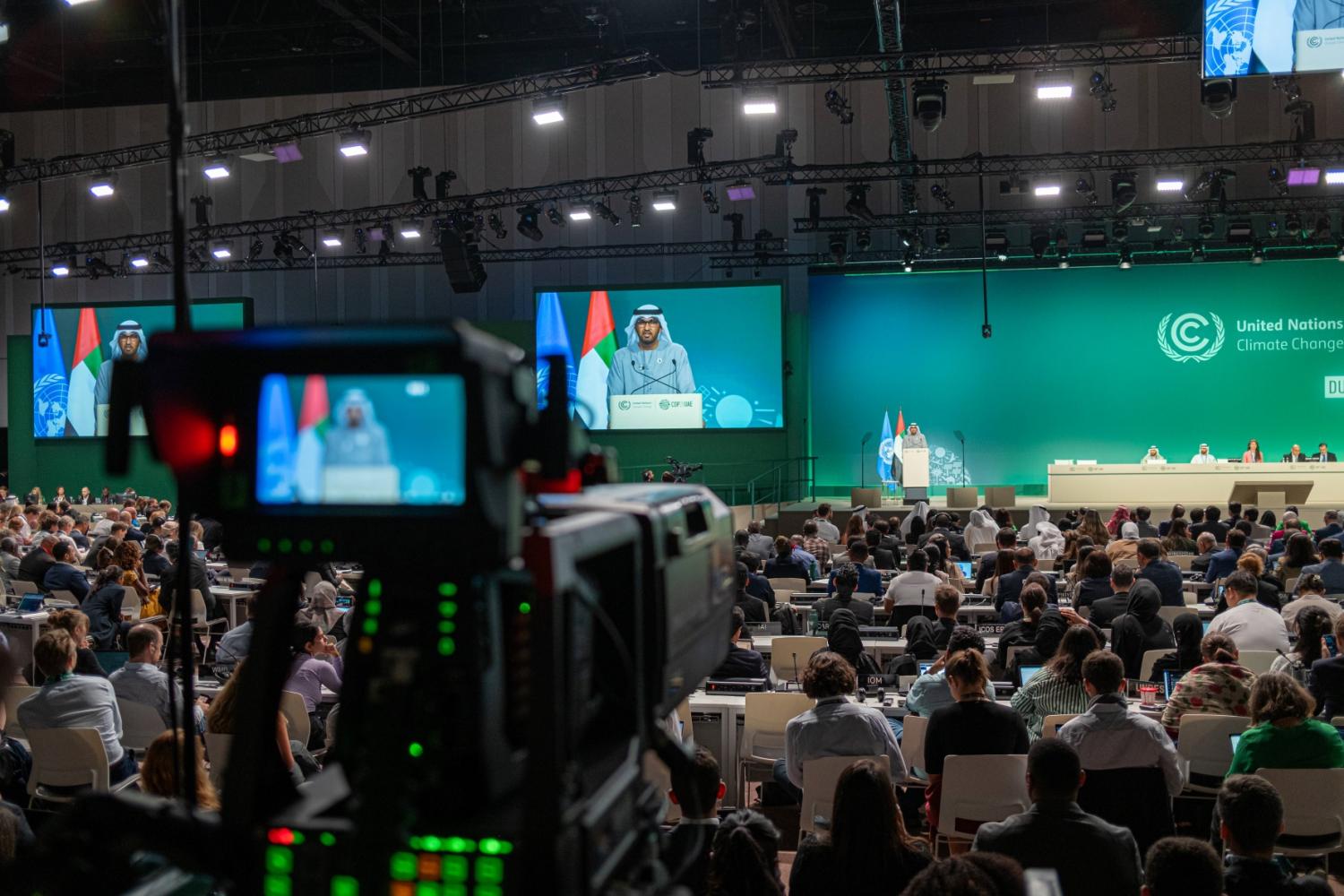 COP President Sultan Ahmed al-Jaber makes an announcement in the plenary chamber of the U.N. Climate Change Conference, 13 Dec., 2023.