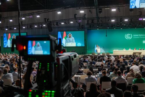 COP President Sultan Ahmed al-Jaber makes an announcement in the plenary chamber of the U.N. Climate Change Conference, 13 Dec., 2023.