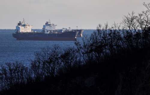 View from the shoreline of two oil tankers floating in the sea