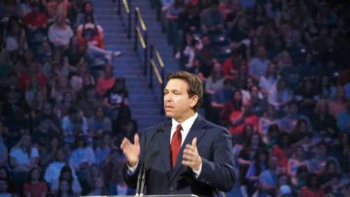 Lynchburg, Virginia USA - April 14, 2023: Florida Governor Ron DeSantis speaking at Liberty University on April 14, 2023.