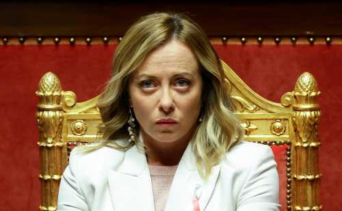 Italian Prime Minister Giorgia Meloni looks on during a visit to the upper house of parliament in Rome, Italy, November 23, 2023.
