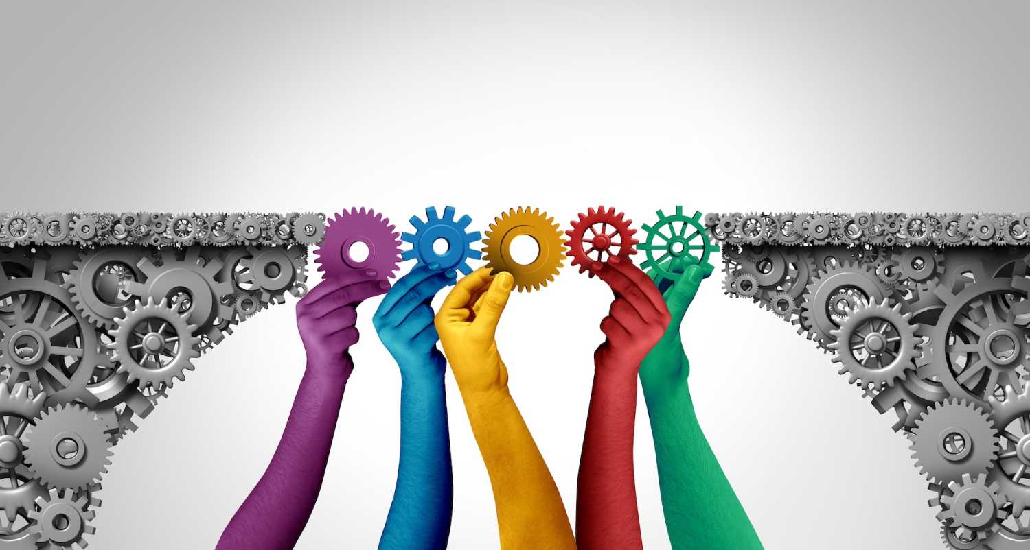 Abstract image showing hands in different colors bridging a path with mechanical components, symbolizing the role of coordination.