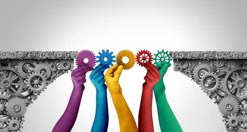 Abstract image showing hands in different colors bridging a path with mechanical components, symbolizing the role of coordination.