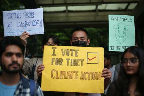 Protesters hold banners and placards as they participate in "Global Climate Strike" as a part of "fridays for future" movement in New Delhi India, September 23, 2022.