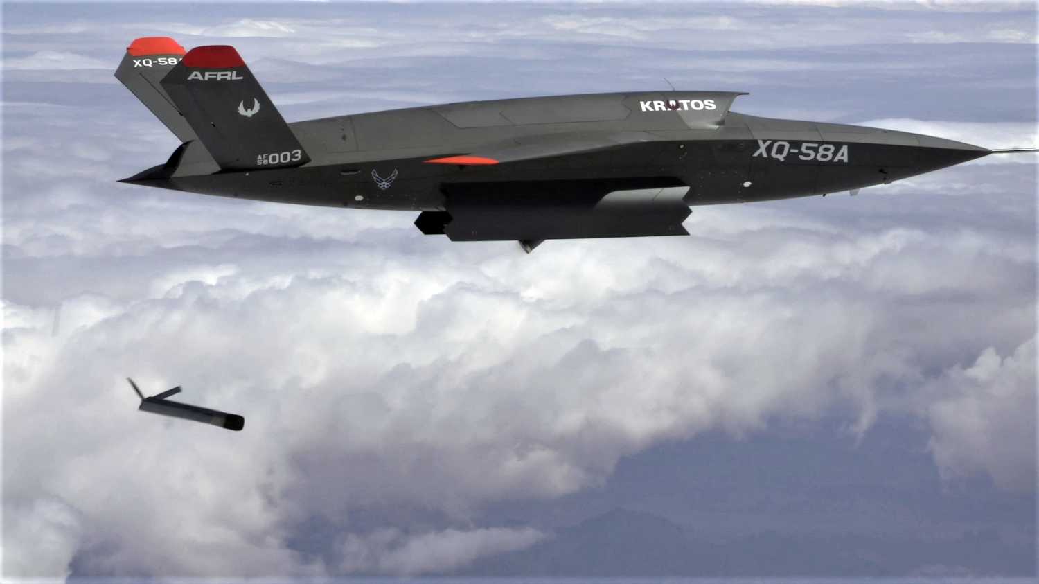 Handout photo dated March 26, 2021 shows the XQ-58A Valkyrie demonstrates the separation of the ALTIUS-600 small unmanned aircraft system in a test at the U.S. Army Yuma Proving Ground test range, AZ, USA.