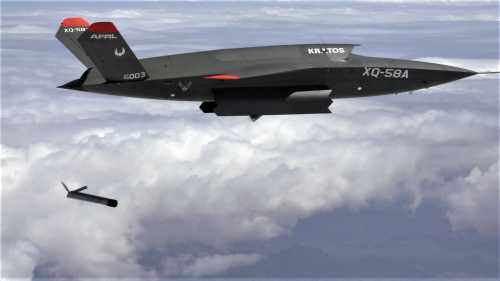 Handout photo dated March 26, 2021 shows the XQ-58A Valkyrie demonstrates the separation of the ALTIUS-600 small unmanned aircraft system in a test at the U.S. Army Yuma Proving Ground test range, AZ, USA.