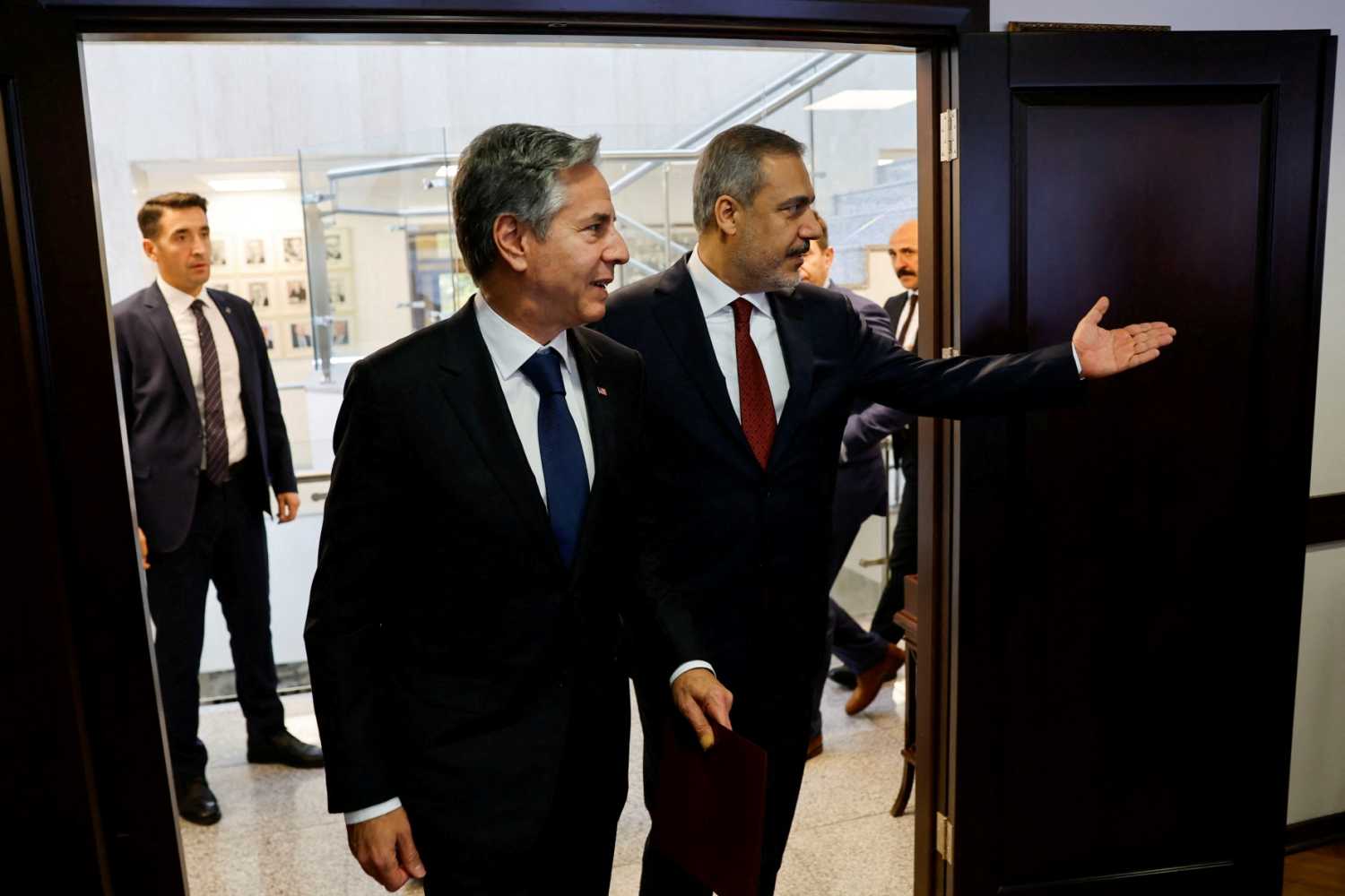 U.S. Secretary of State Antony Blinken meets with Turkish Foreign Minister Hakan Fidan, amid the ongoing conflict between Israel and the Palestinian Islamist group Hamas, at the Ministry of Foreign Affairs in Ankara, Turkey, November 6, 2023.